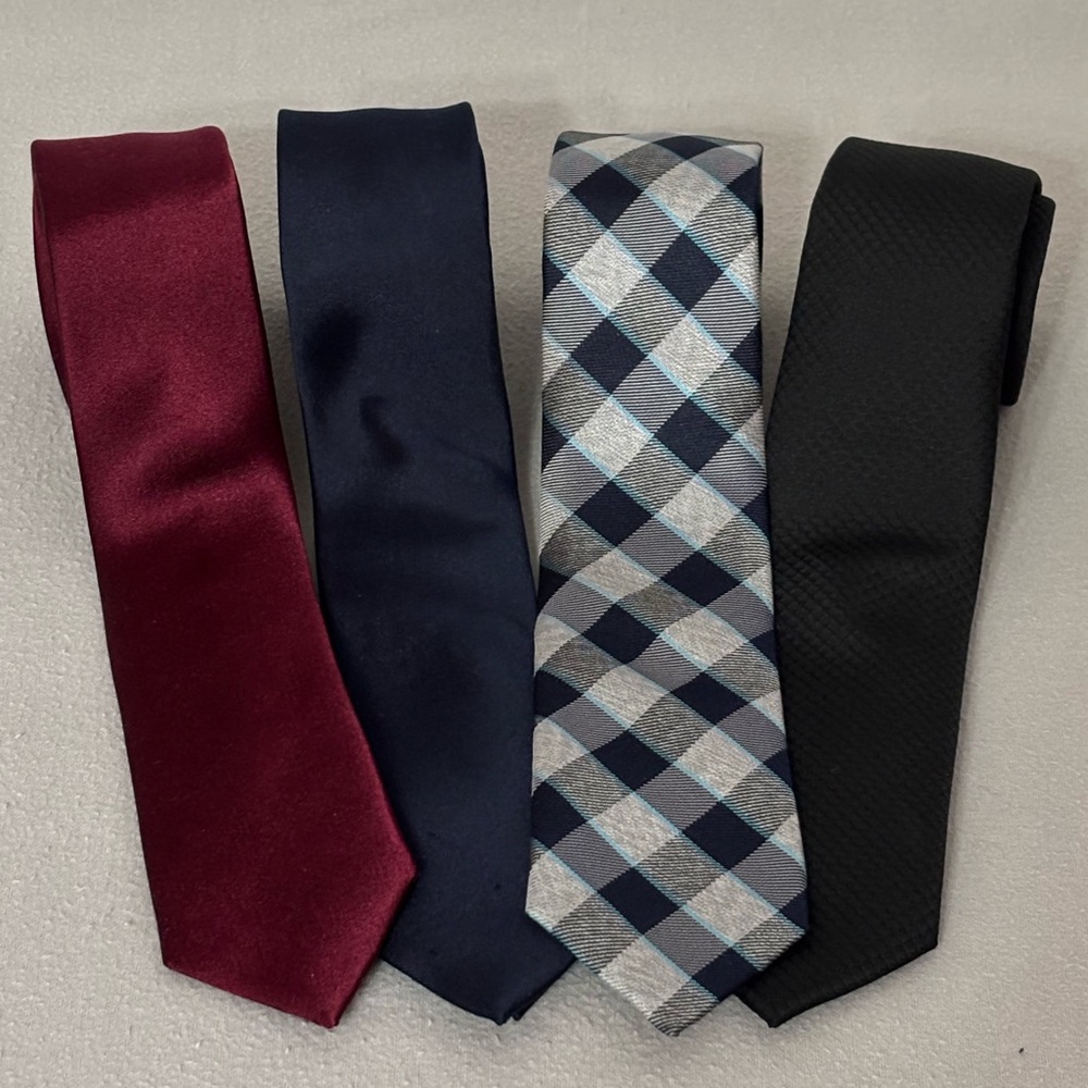 4 Tie Set - Burgundy, Navy, Plaid, Black with Original Penguin, Express & Apt. 9